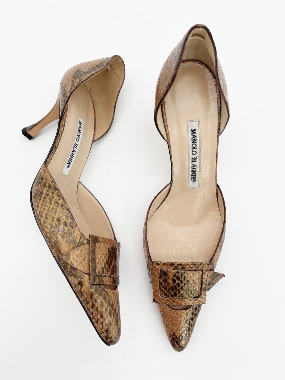 Manolo Blahnik Vintage Metallic Tan Snakeskin Buckle Pointed Toe Heels IT 38